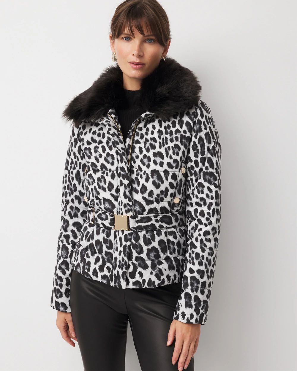 ジャケット・アウター HWZN.FRISCO JACKET BLACK SILVER LEOPARD Faux Fur Collar Leopard Puffer Jacket | White House Black Market